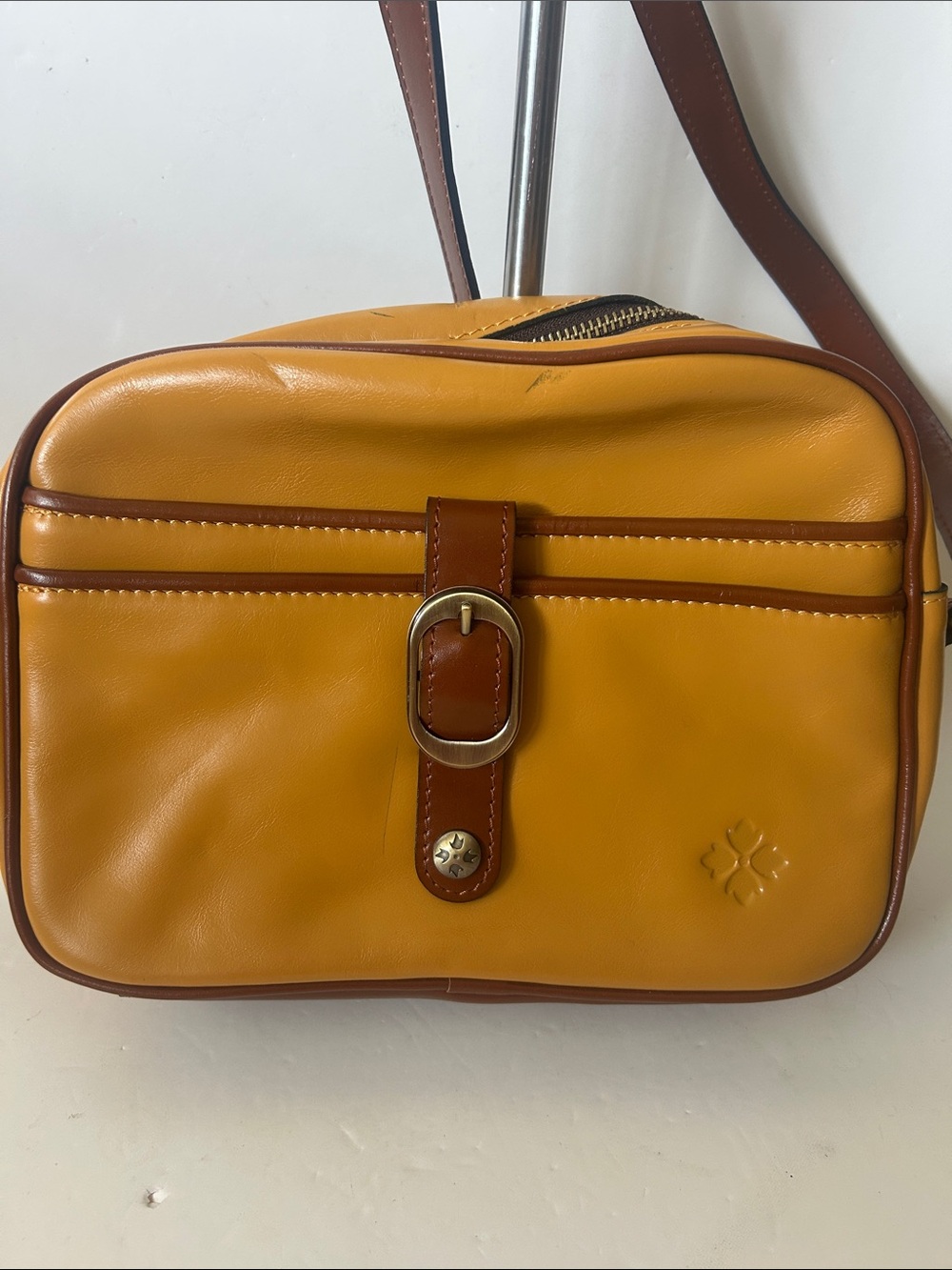 Patricia Nash Mustard Yellow Leather Crossbody Camera Style Bag with Brown Trim